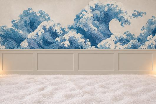 Salt room with a blue ocean wave mural above cream wainscoting and a floor of white salt